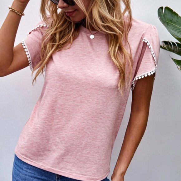 Petal Ruffle Frill Short Sleeve Lace Trim Tee PINK - Picture 1 of 2